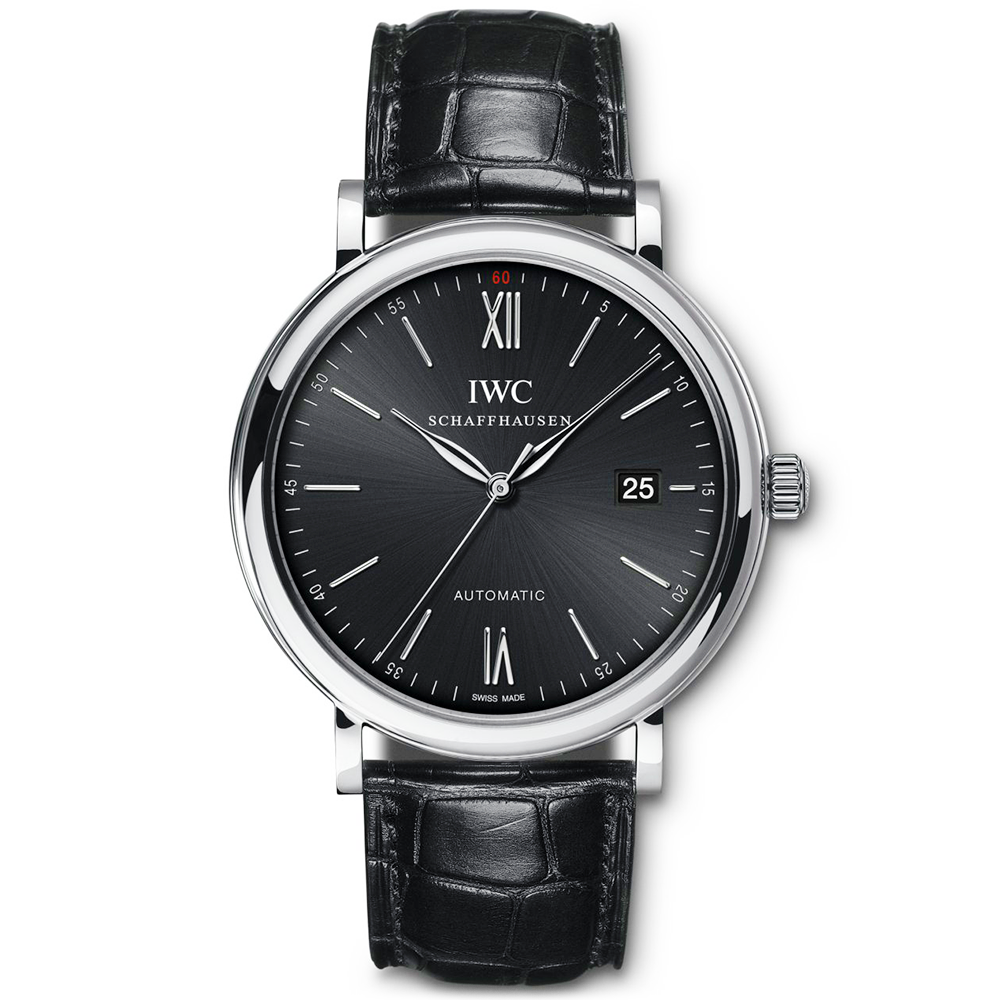 Portofino 40mm Black Sunray Dial Men’s Leather Strap Watch
