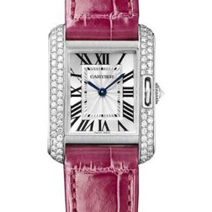 Cartier Tank Anglaise Watch – 30.2 mm White Gold Diamond Case – Silvered Dial – Fuschia Alligator Strap – WT100015