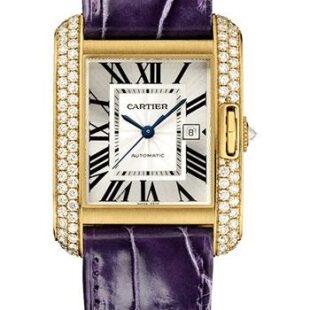 Cartier Tank Anglaise Watch – 39.2 mm Yellow Gold Diamond Case – Silvered Dial – Aubergine Alligator Strap – WT100017