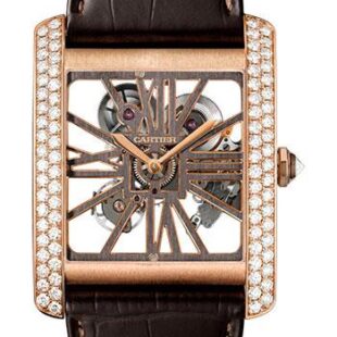 Cartier Tank MC Skeleton Watch – 34.5 mm Pink Gold Diamond Case – Diamond Bezel – Pink Gold Dial – Brown Alligator Strap – HPI00715