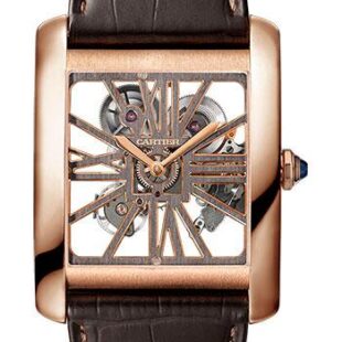 Cartier Tank MC Watch – 34.5 mm Pink Gold Case – Pink Gold Case Bezel – Skeleton Dial – Brown Alligator Strap – W5310040